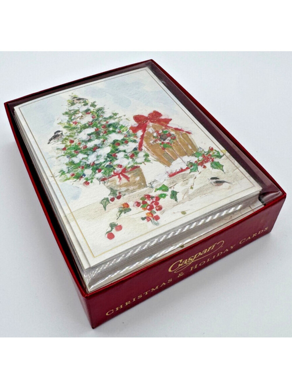 Caspari Winter Tree  and Birdhouse 15 Christmas & Holiday Cards & Envelopes NEW
